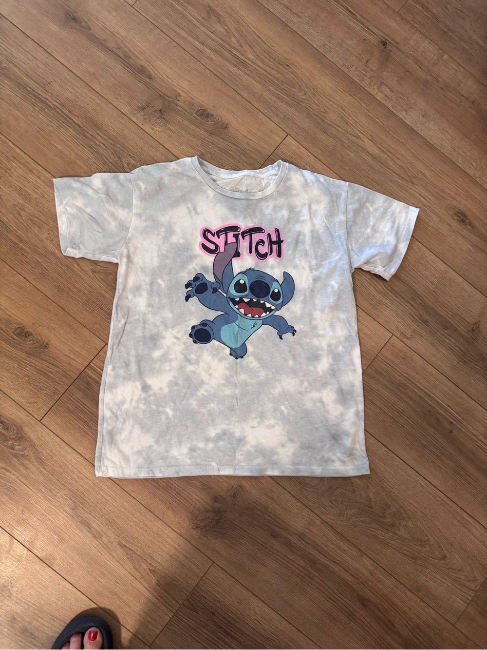 Disney Kids Stitch Tie-Dye Tee in White and Blue with Pink Logo